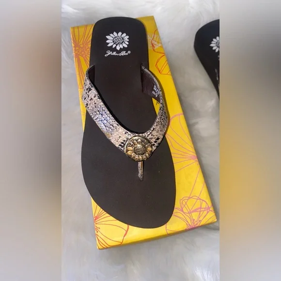 Yellow Box Women's Black Sandals with Snake-Print Straps and Gold Medallions - Picture 3 of 6